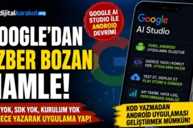 Google ai studio ile kod yazmadan android uygulaması geliştirme dönemini anlatan, google play store ve yapay zeka destekli uygulama üretim sürecini gösteren manşet görseli.