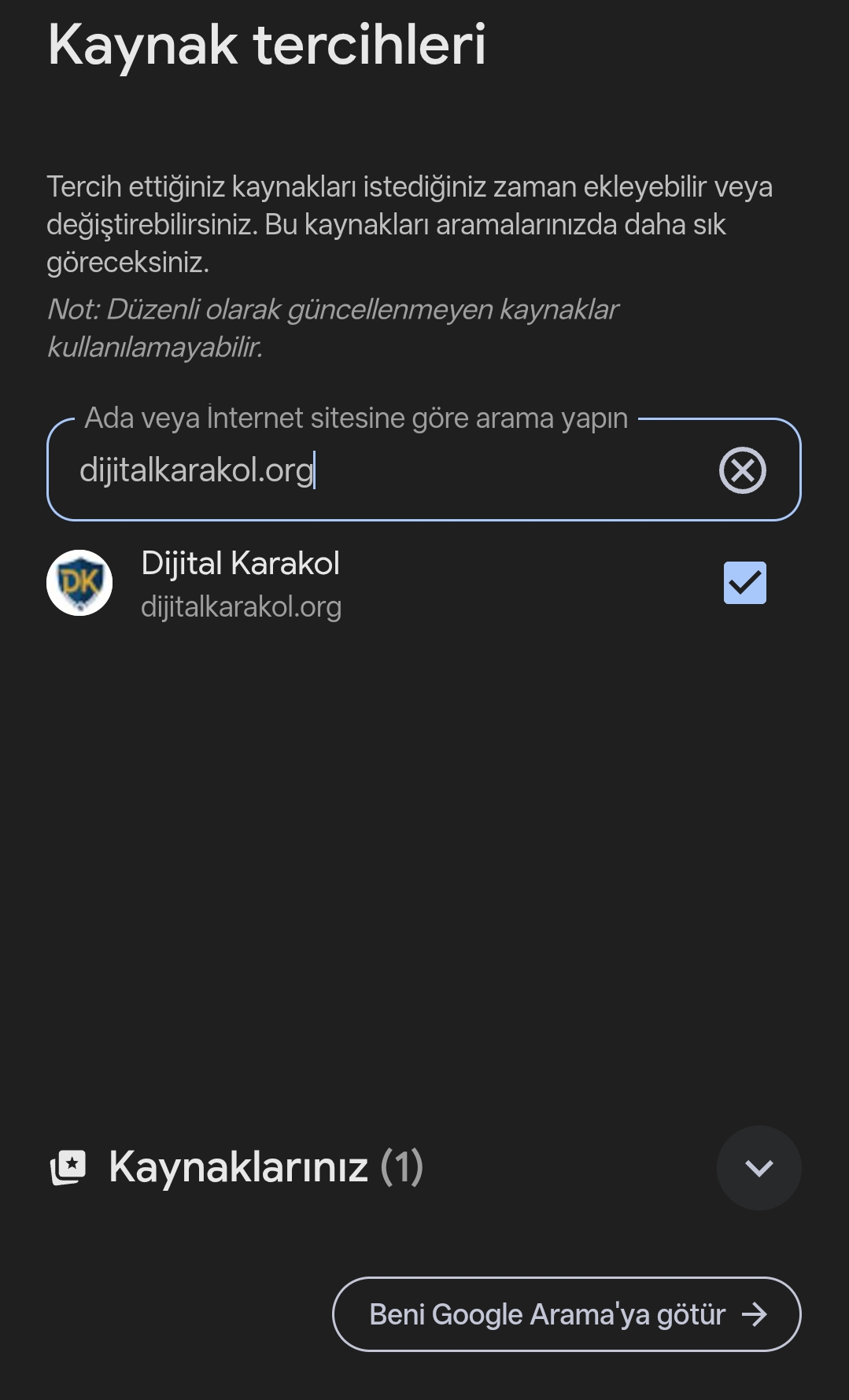 Google kaynak tercihleri ekranında dijital karakol’un tercih edilen haber kaynağı olarak seçilmesi