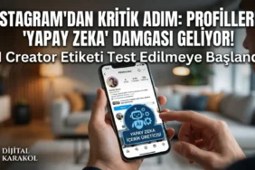 İki cep telefonu ekranı mockup'ında instagram 'ai creator' (yapay zeka i̇çerik üreticisi) etiketi ile 'i̇nsan üreti̇ci̇' profillerinin karşılaştırması. Sol tarafta yapay zeka tarafından oluşturulan içerik simgeleri ve sağ tarafta insan ve kamera simgeleri yer alıyor. Ortadaki kırmızı-mavi şerit üzerinde 'yapay zeka mi? İnsan mi? Instagram'da yeni̇ dönem! ' yazılı büyük puntolarla manşet görseli. Sol üst köşede 'dijital karakol' logosu bulunuyor.