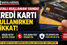 Kredi kartı kullanırken dikkat edilmesi gerekenler hakkında uyarı manşeti, kredi kartı borcu, faiz ve dolandırıcılık risklerine karşı tüketici rehberi görseli.