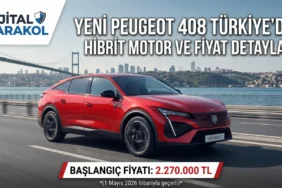 Yeni peugeot 408, i̇stanbul boğazı manzaralı bir yolda seyir halindeyken görülüyor. Görselin üst kısmında "yeni̇ peugeot 408 türki̇ye'de! Hi̇bri̇t motor ve fi̇yat detaylari" başlığı yer alırken, alt kısmında "başlangiç fi̇yati: 2. 270. 000 tl" fiyat bilgisi bulunuyor. Sol üst köşede ise "di̇ji̇tal karakol" logosu yer alıyor.