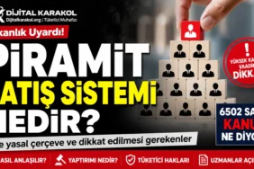 Piramit satış sistemi hakkında hazırlanan manşet görselinde 6502 sayılı kanun kapsamında yüksek kazanç vaadiyle çalışan sistemlere yönelik uyarılar ve piramit yapı illüstrasyonu yer alıyor.