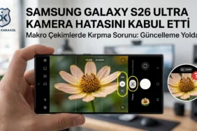 Samsung galaxy s26 ultra modelinde makro çekimlerdeki fotoğrafların kırpılmasına neden olan kamera hatasını ve dijital karakol haber başlığını gösteren teknik detaylı manşet görseli.