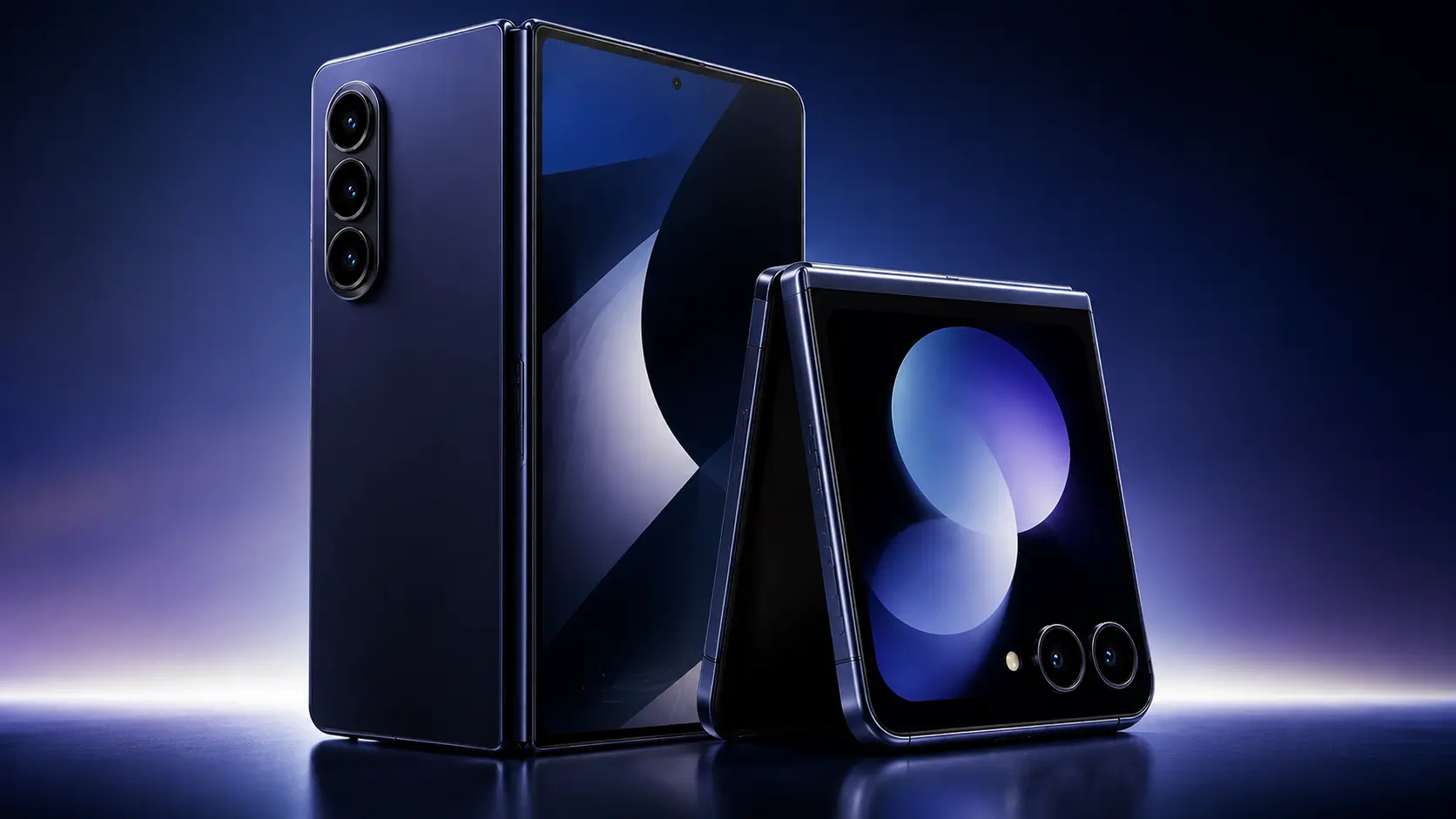 Samsung galaxy z fold8 ve galaxy z flip8 modellerini gösteren yapay zeka odaklı tanıtım görseli