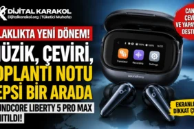 Soundcore liberty 5 pro max kablosuz kulaklığın ekranlı şarj kutusu, canlı çeviri ve yapay zekâ destekli özelliklerini gösteren manşet görseli.