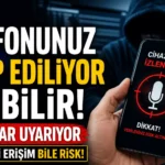 Telefon takip yazılımları ve dijital casusluk riskine karşı hazırlanan uyarı görseli. Uzmanlar, akıllı telefonların fiziksel erişim ve sahte uygulamalar nedeniyle hedef alınabileceğini belirtiyor.