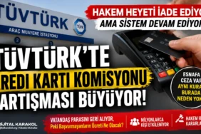 Tüvtürk araç muayene istasyonlarında kredi kartı ile ödeme yapan vatandaşlardan alınan komisyon ücretleriyle ilgili tartışmayı anlatan manşet görseli.