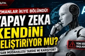 Yapay zekanın kendi kendini geliştirme sürecini temsil eden futuristik robot görseli
