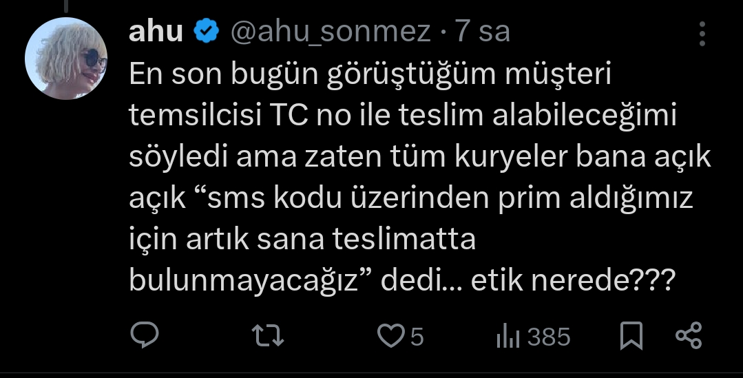 Ahu sönmez’in aras kargo kuryelerinin sms kodu üzerinden prim aldığını iddia ettiği sosyal medya paylaşımı