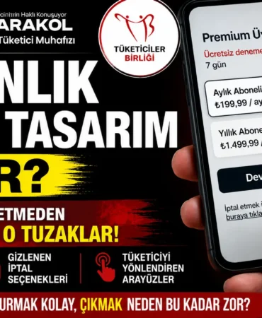 Karanlık ticari tasarım örneği: önceden işaretli kutular, gizlenen iptal seçenekleri ve tüketiciyi yönlendiren abonelik arayüzleri.