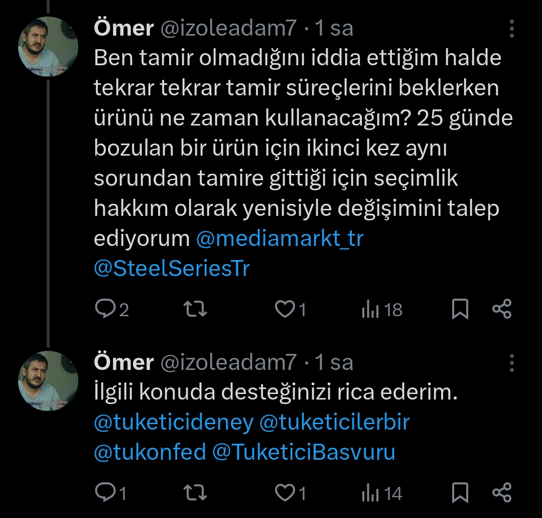 Kulaklik degisim talebi tamir sureci sikayeti