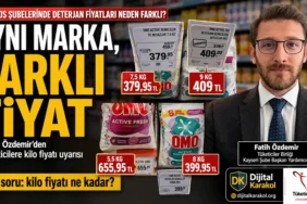 Tüketiciler birliği kayseri şube başkan yardımcısı fatih özdemir’in kilo fiyatı uyarısıyla hazırlanan migros omo deterjan fiyatları görseli. Görselde 9 kilogram omo 409 tl, 5,5 kilogram omo ise 655,95 tl fiyatıyla karşılaştırılıyor.